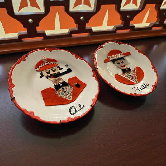 Vintage Felt Art Wall Plates, Retro Folk Art, Mid Century Wall Hanging Set - possibly the most charming portrait plates!  Meet RUTH & AL