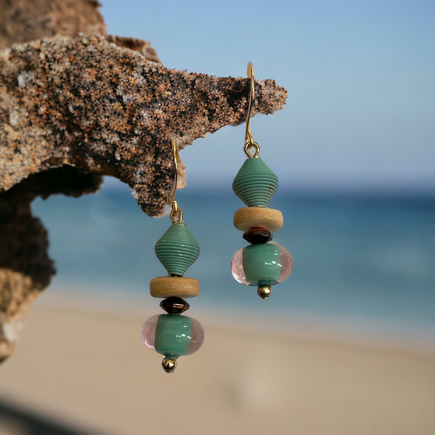 Mixed material glass, metal and wood turquoise drop earrings