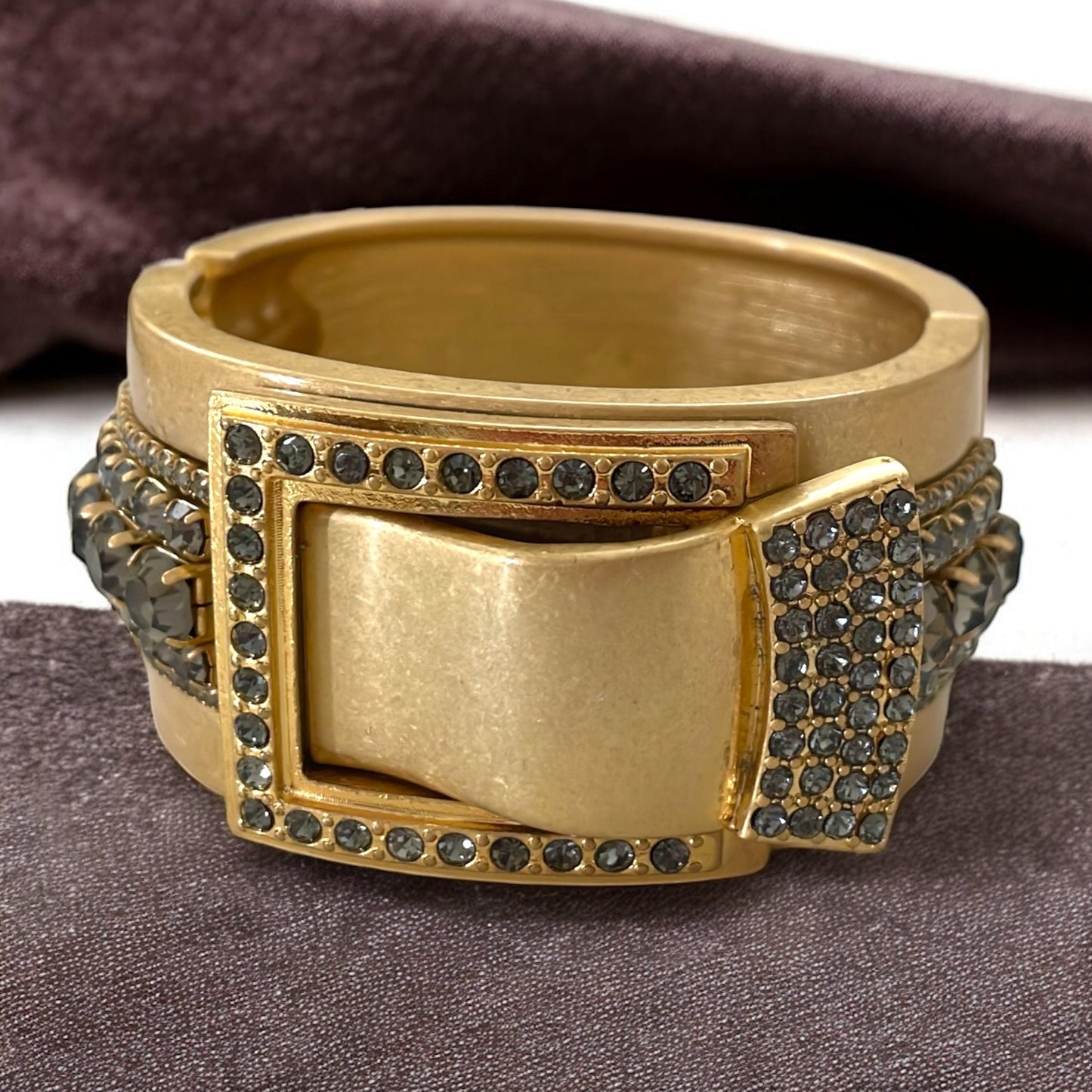 Goldtone Wide Bangle Bracelet with Silvery Gray Rhinestones • Vintage Statement Jewelry • Chunky Glam Cuff • Bold Costume Bracelet