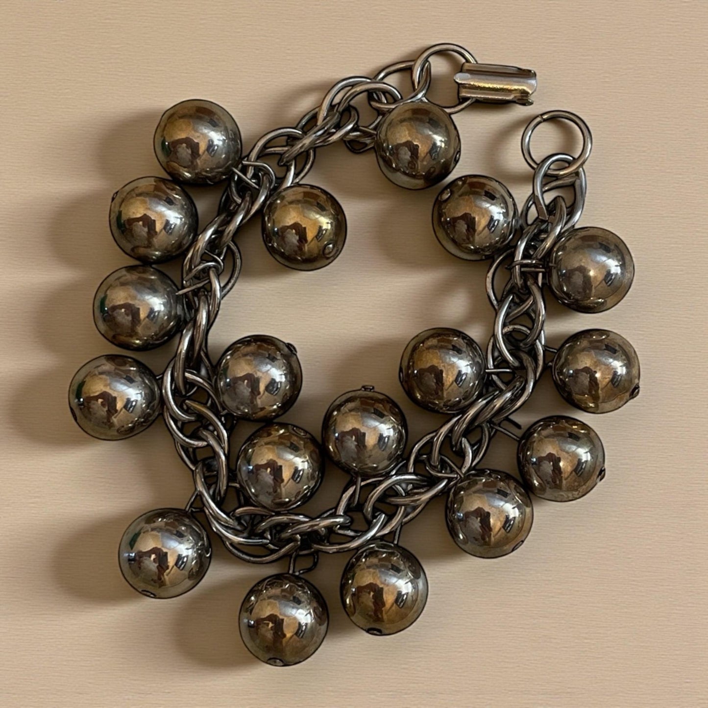 Vintage Metal Ball Cha Cha Bracelet – Mid Century Jingle Charm Bracelet, Retro Statement Jewelry