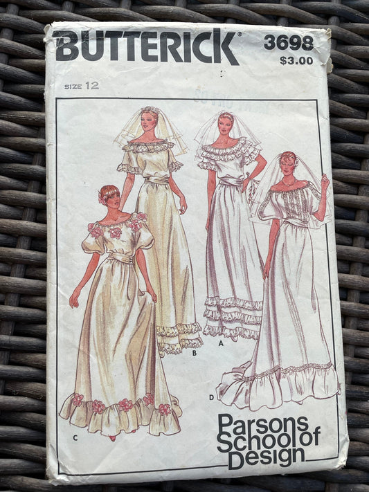 Rare UNCUT Vintage Sewing Pattern - Butterick 3698 Parsons School of Design 1980's - Misses' Floor Length Gown/sash, Wedding Gown - Size 12