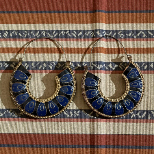 Vintage Brass & Blue Enamel Hoop Earrings – Boho Tribal Style Statement Earrings, Retro Artisan Jewelry