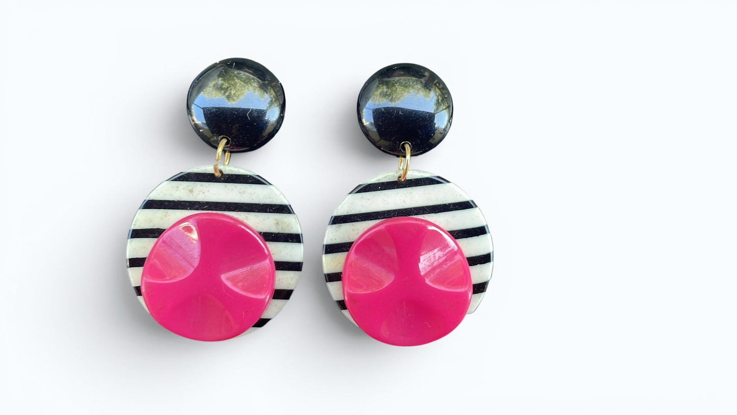 Vintage 1980s Black White Pink Statement Earrings | Bold Geometric Dangle Earrings | Memphis Style Retro Jewelry | Pierced Earrings