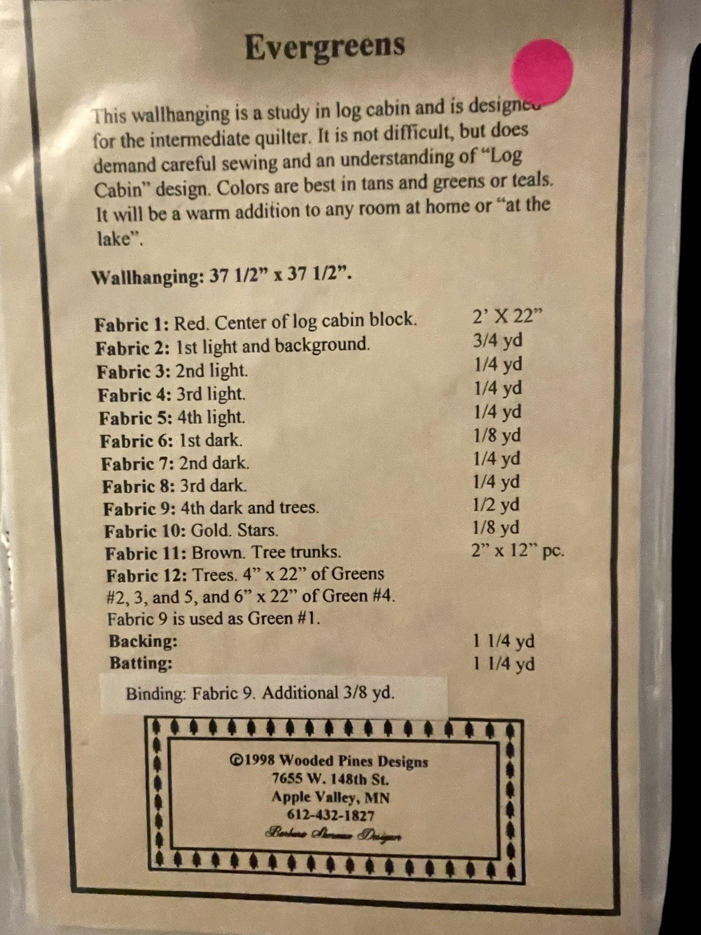 RARE UNCUT Vintage Wooded Pines Designs “Evergreen” Wall Hanging Pattern – Rustic Pine Tree Quilt or Craft Design #606WPD