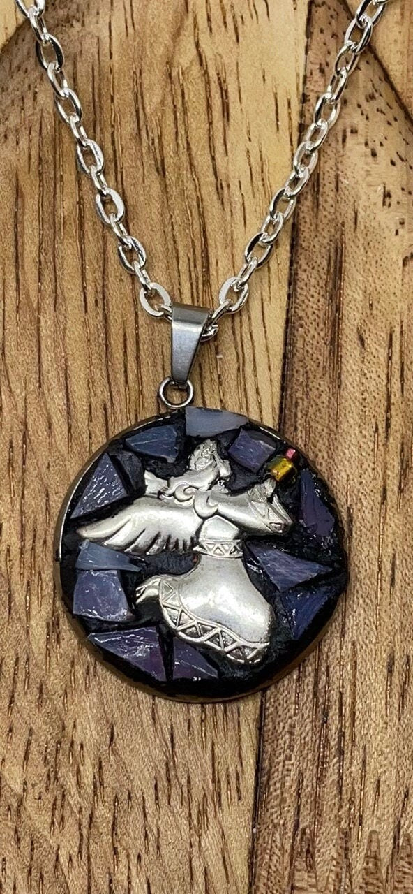 My handmade angel micro mosaic necklace with handcut tile and mixed materials