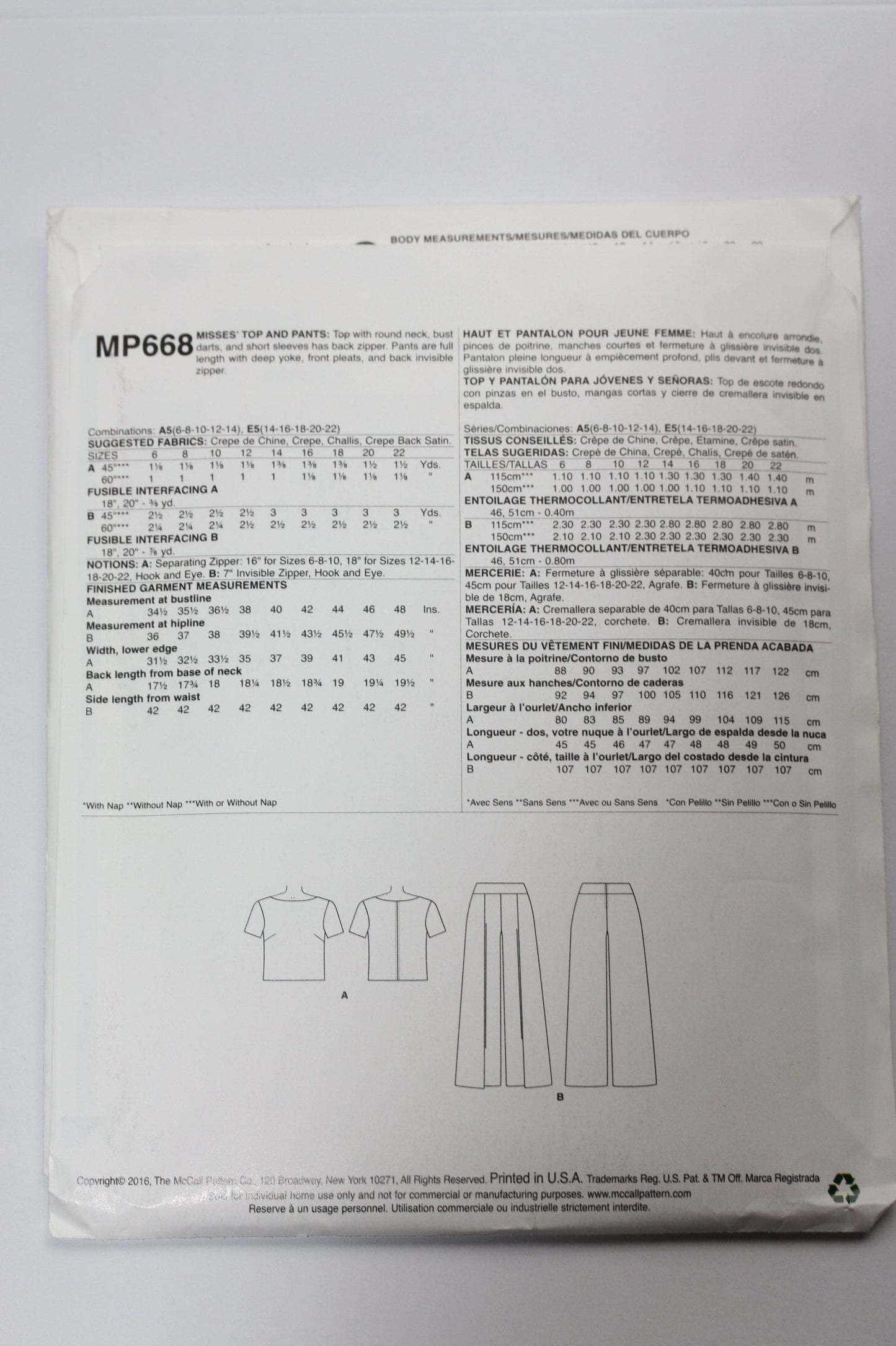 UNCUT Sewing Pattern - Mp668 Misses Top and Pants Sizes 14 - 22