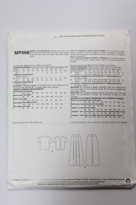UNCUT Sewing Pattern - Mp668 Misses Top and Pants Sizes 14 - 22