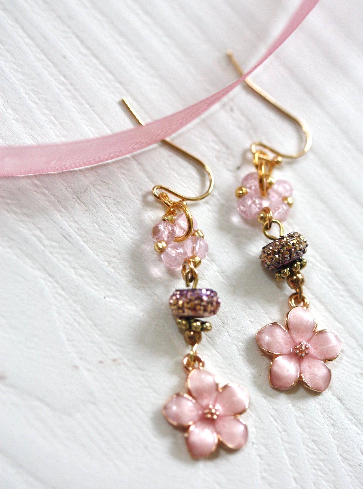 Handmade mixed material light pink enamel flower drop dangle earrings