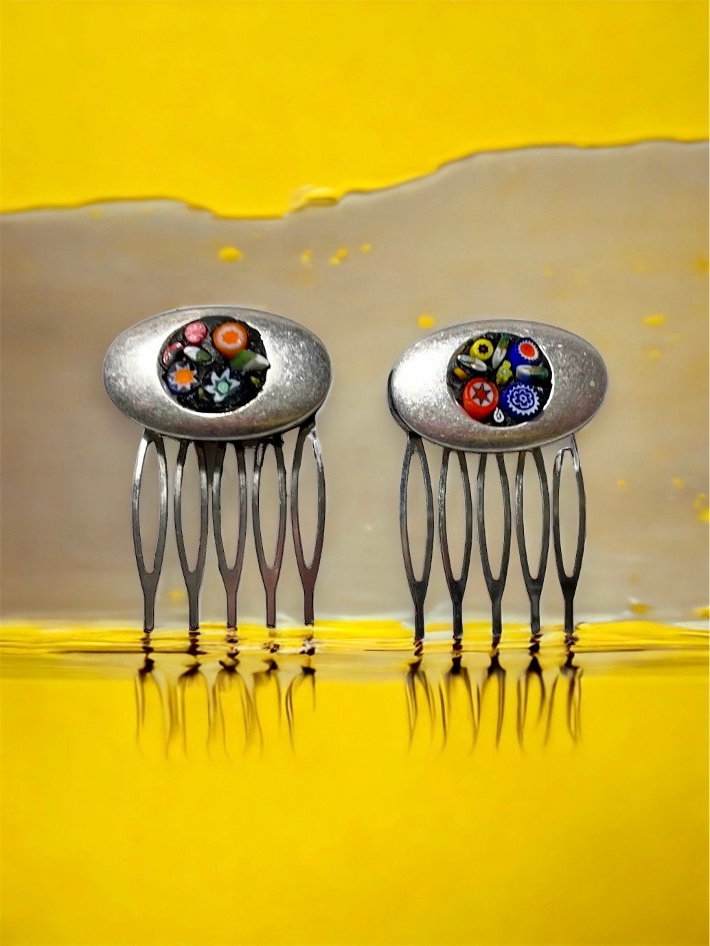 Pair of one-of-a-kind handmade Italian glass micro mosaic hair combs with millefiori