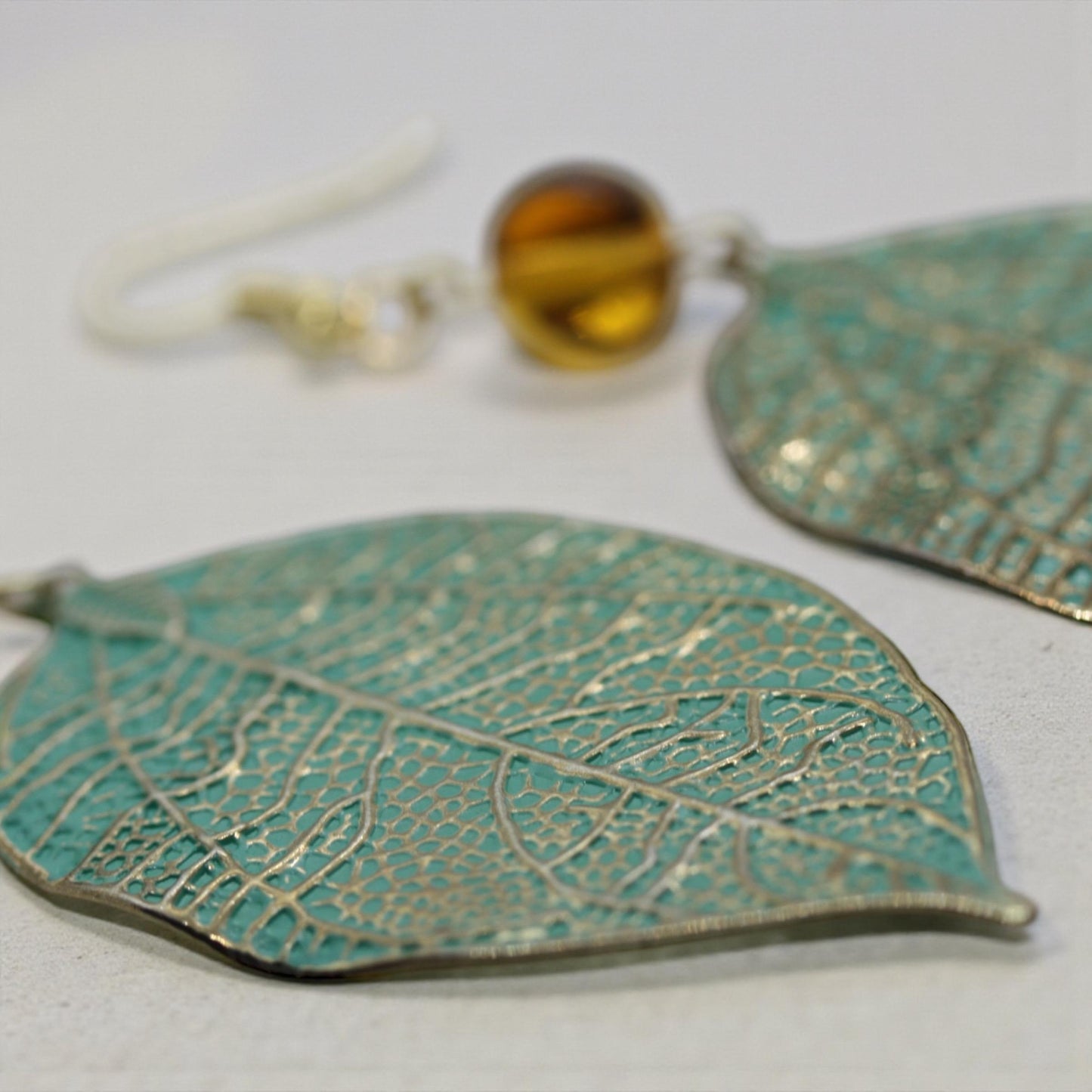 Handmade dangle earrings - Hand painted upcycled vintage leaf earrings with glass beads
