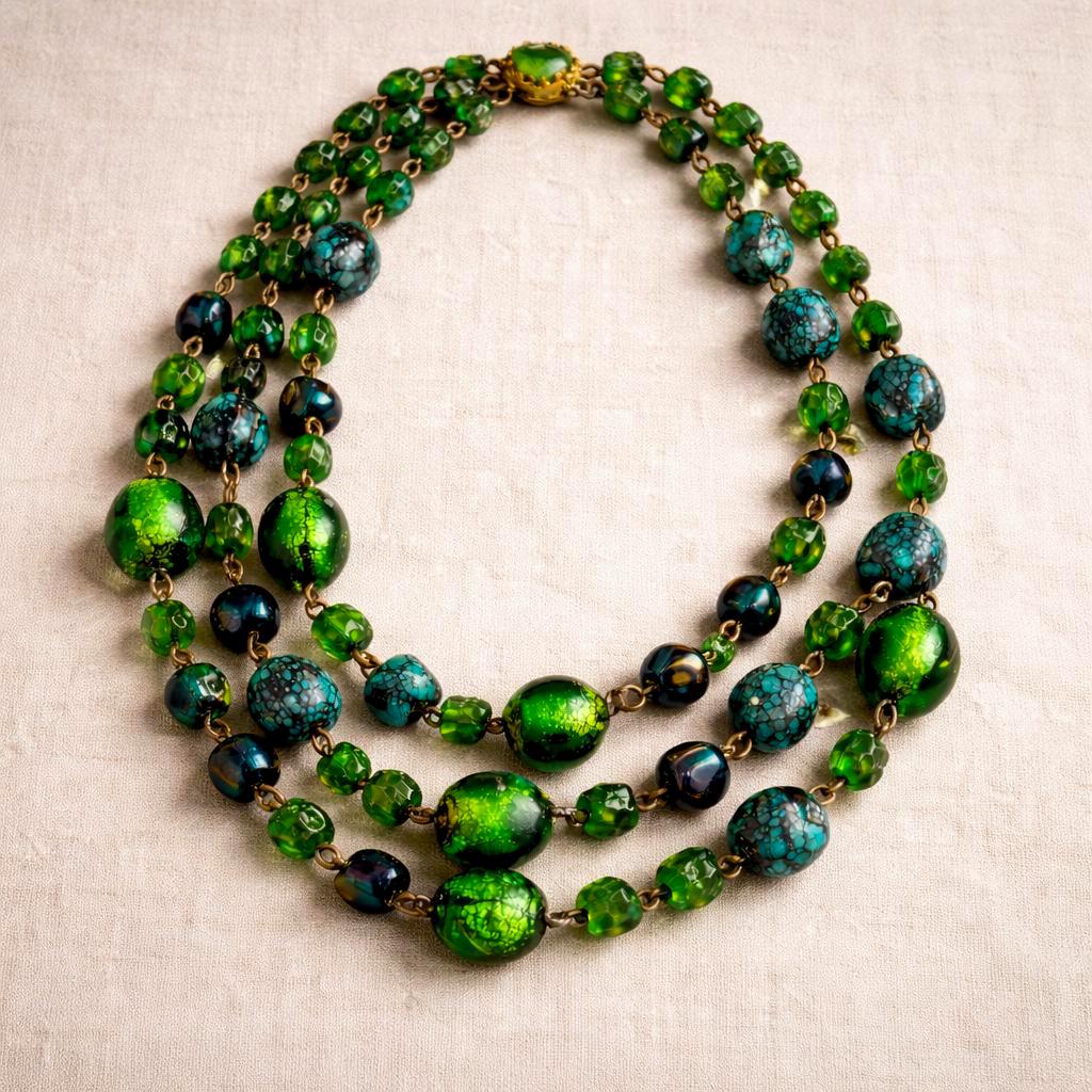 Vintage Emerald Green Glass Necklace, 3 Strand Art Deco Style Statement Necklace, Foil Glass & Turquoise Look Synthetic Beads
