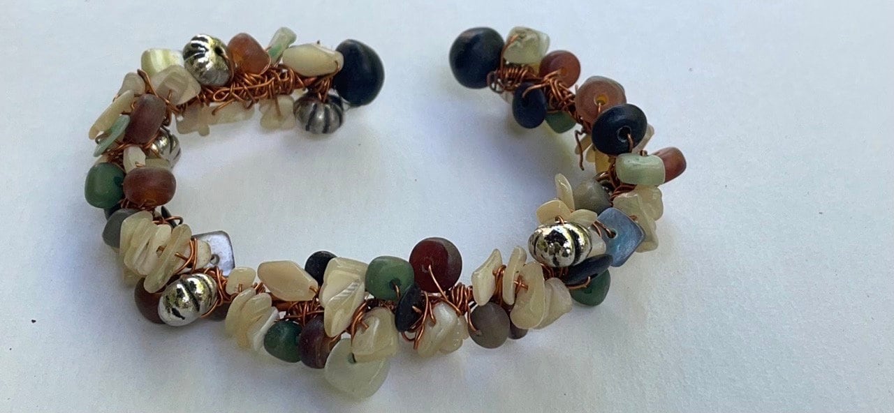 Mixed material shell and stone vintage wire formed cuff bracelet