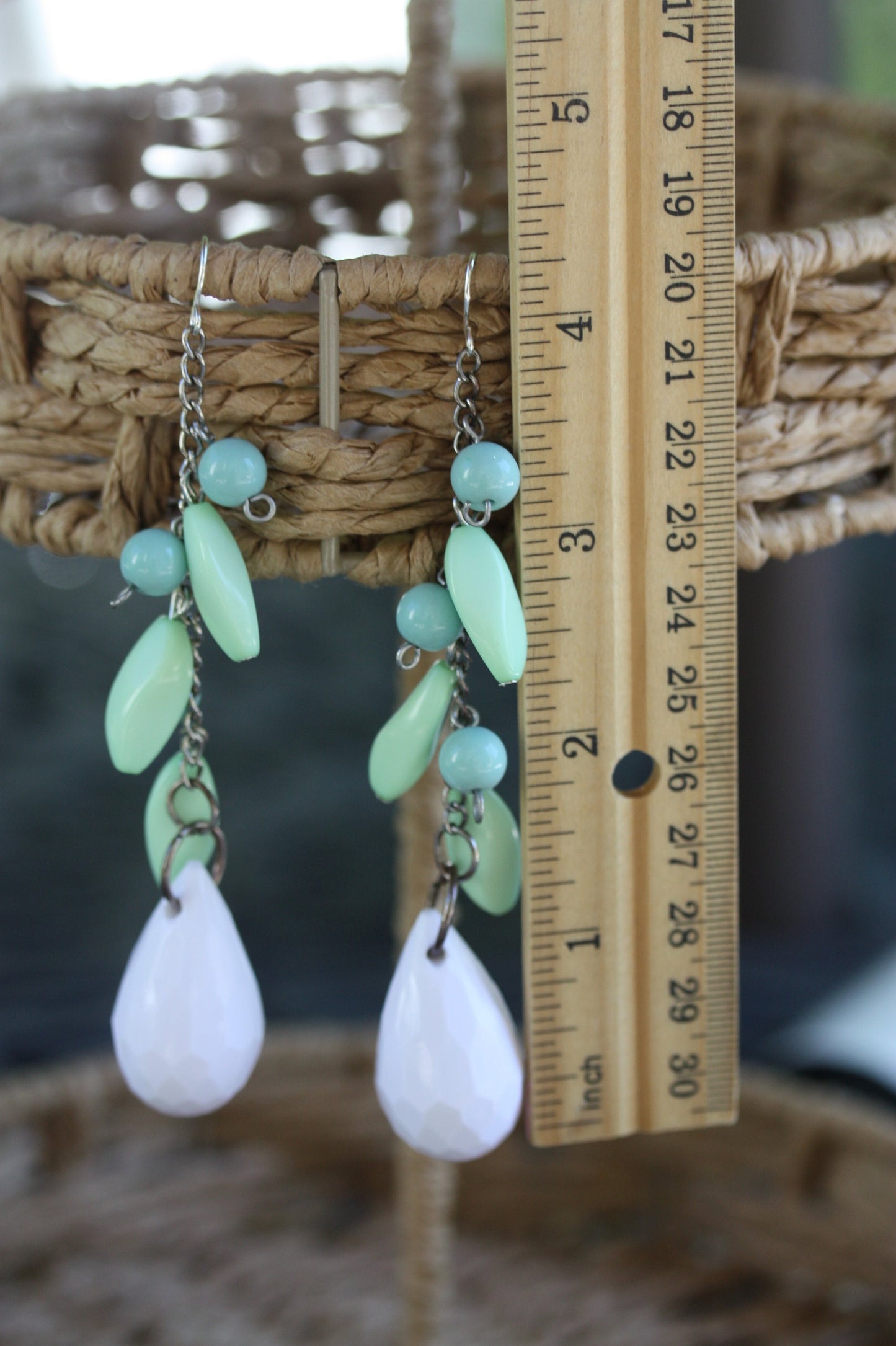 Seafoam green, blue and white fun long dangle earrings