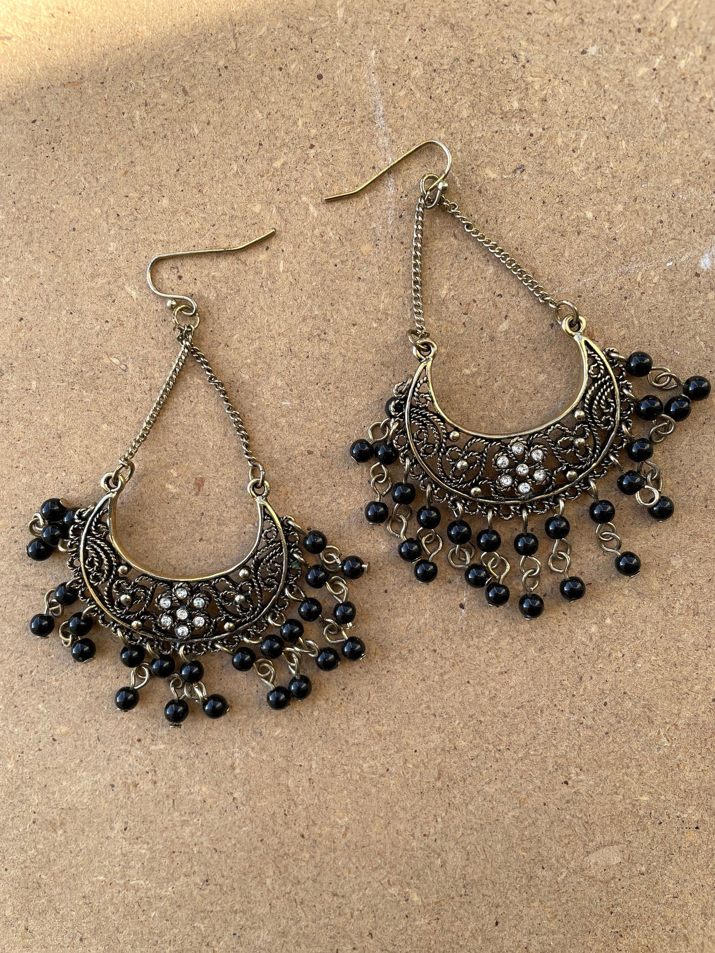 Vintage chandelier earrings with rhinestones and black dangles