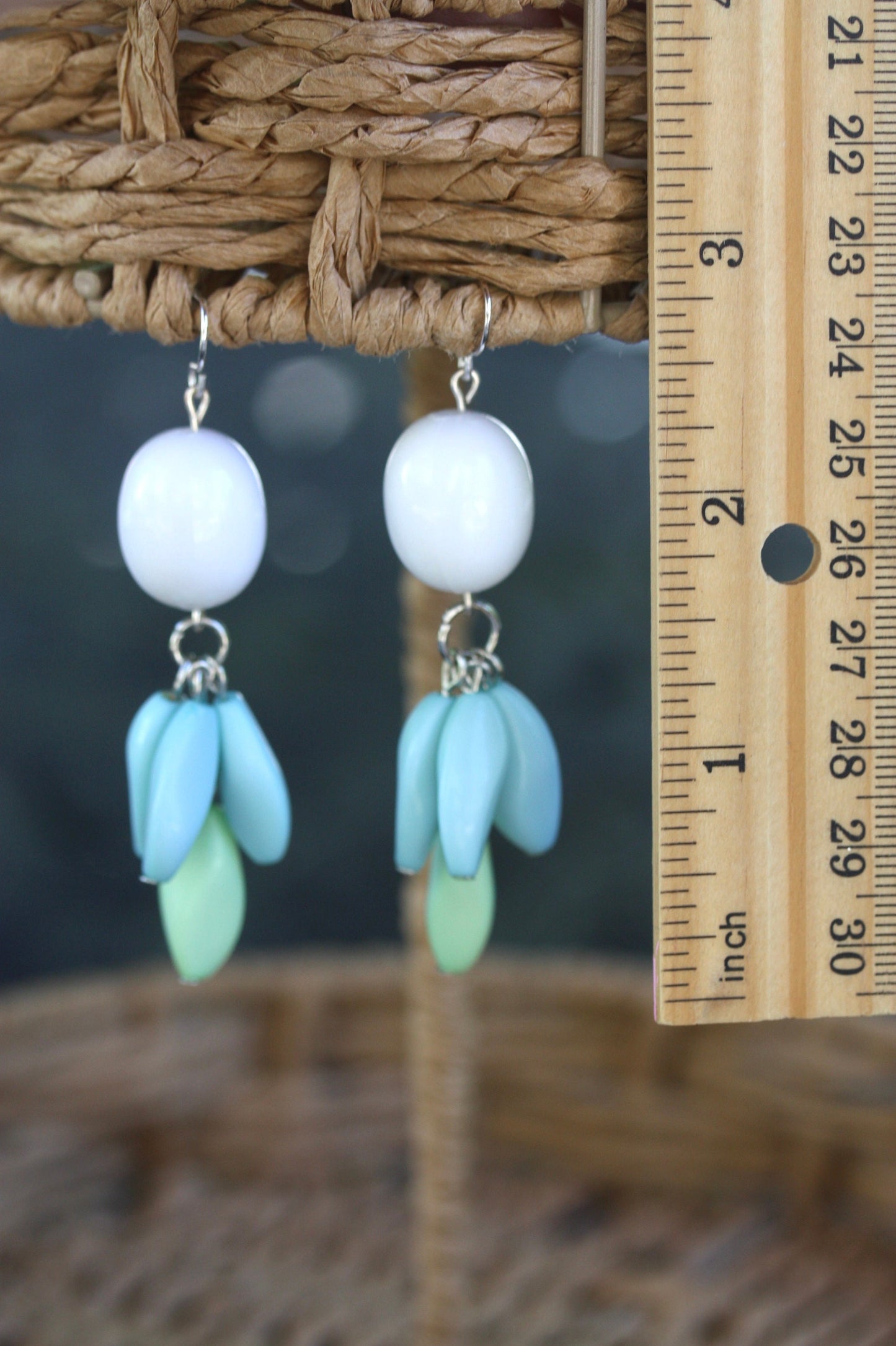 Seafoam green, blue and white fun chandelier style dangle earrings
