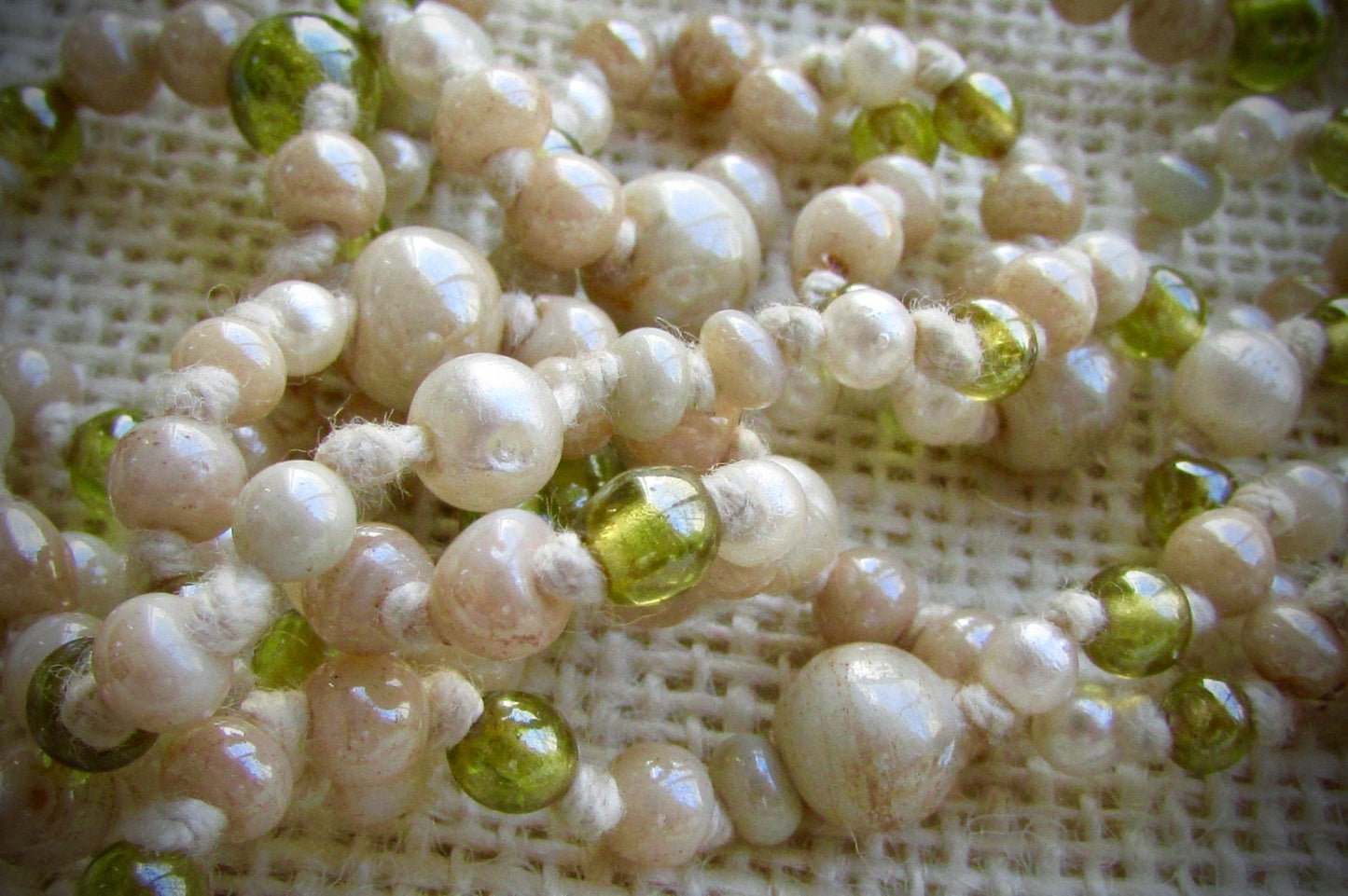 Cream and green glass beaded vintage necklace - hand knotted