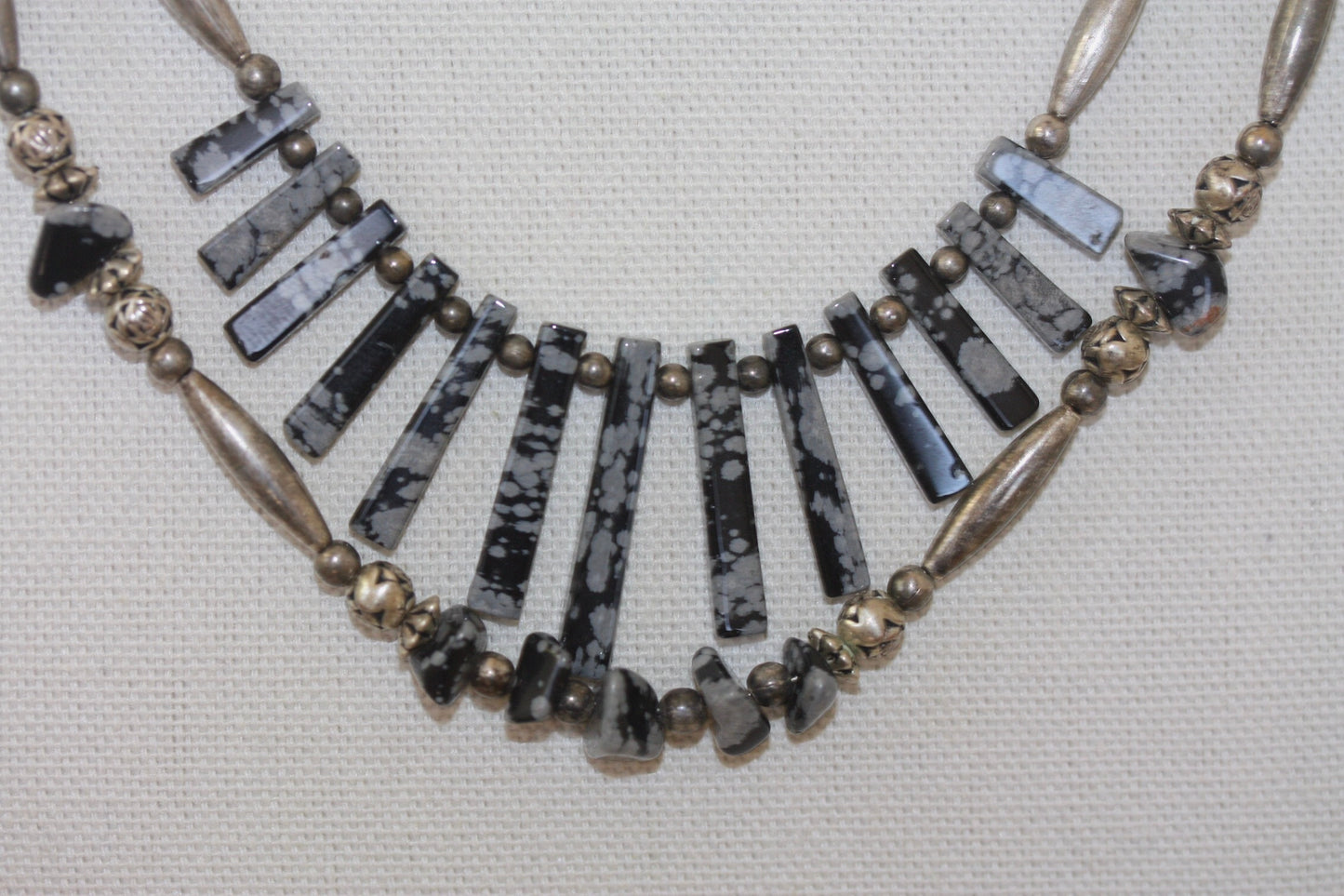 Stunning silver beaded snowflake obsidian double-stranded vintage artisan necklace