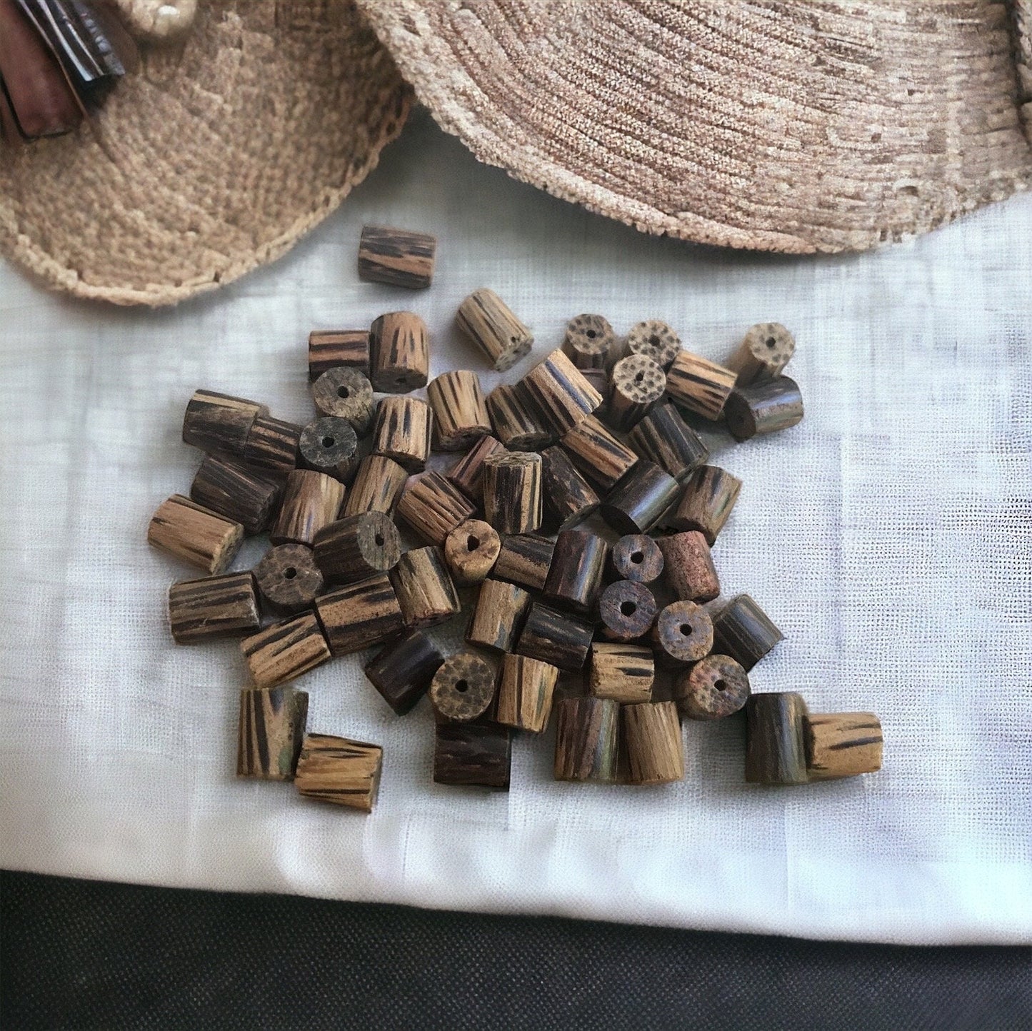 One dozen small unique wood vintage beads - approx. 6 mm each