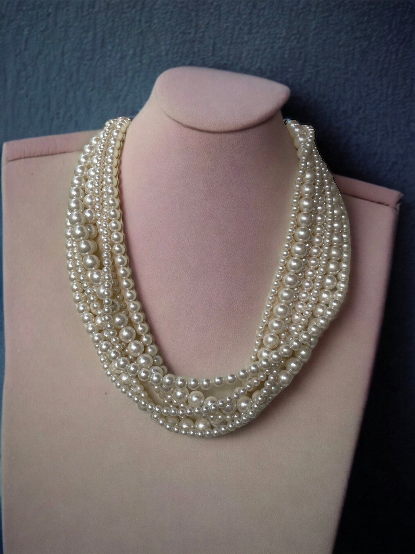 Stunning multi-stranded multi-sized all white faux pearl vintage necklace