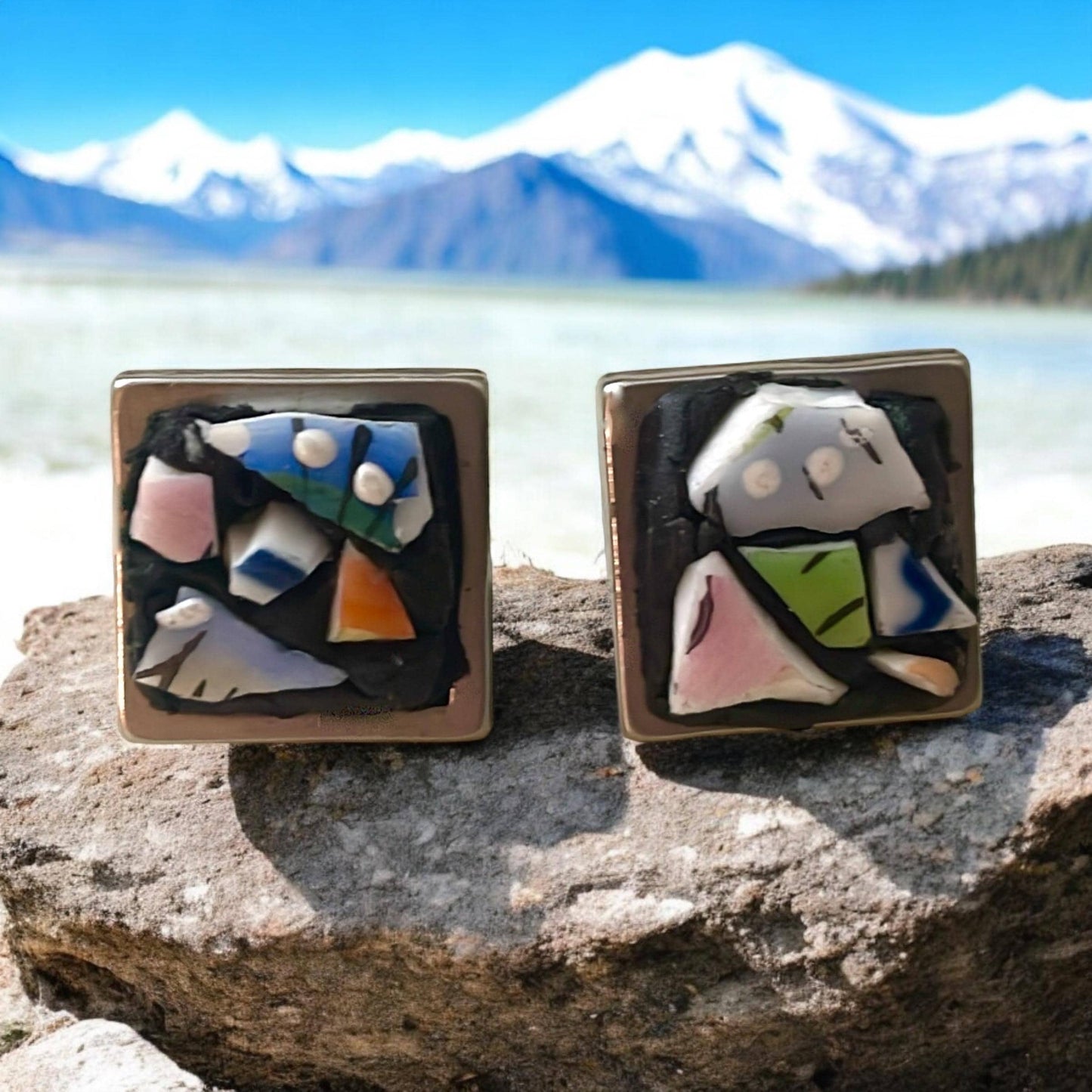 Mosaic tile abstract square stud earrings - 1/2"