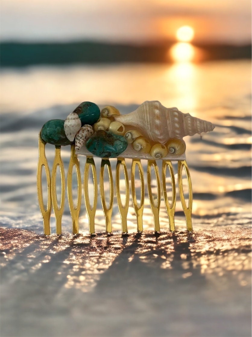 Stunning beach themed hair comb - starfish, stones, shells, faux pearls and blue sea glass on goldtone metal