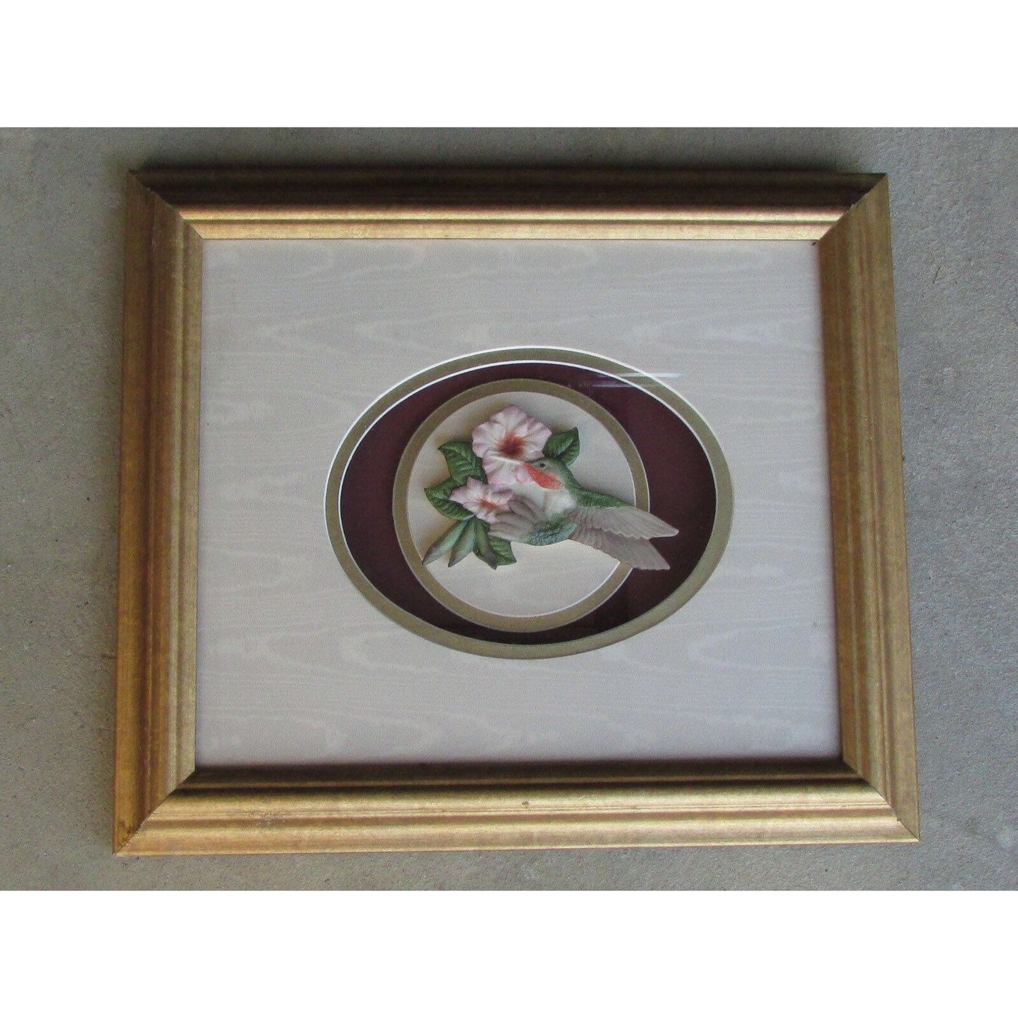 Handmade & framed vintage porcelain hummingbird sculpture by renowned sculptor Ron Goeke