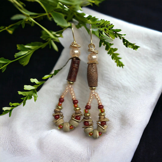 Hand beaded stunning dangle beadwork earrings - ombre shades of glass seed beads with wood, rippled metal spacers and pearls