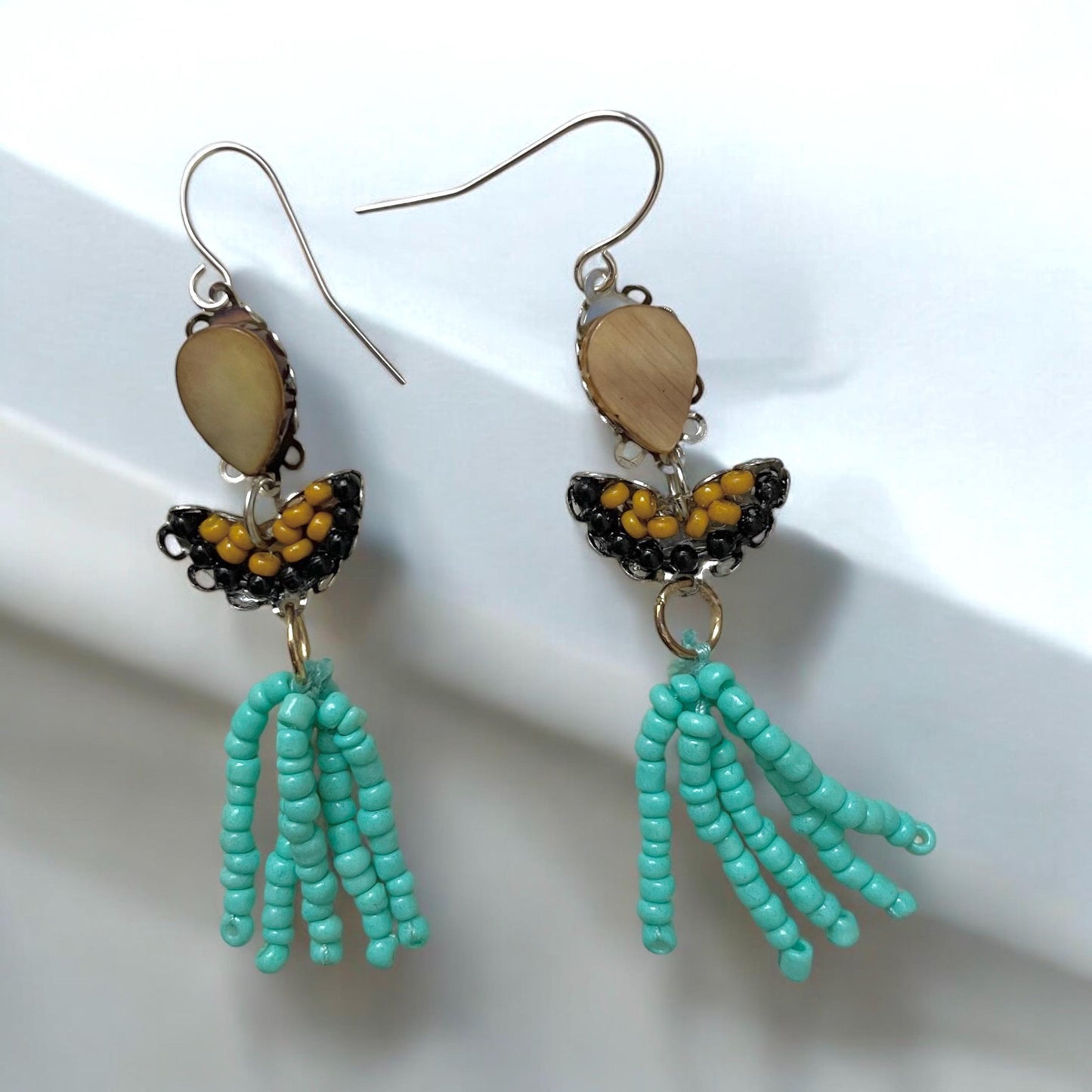 Handmade mixed material earrings - Mustard yellow teardrops with black and mustard glass seed beads and turquoise beaded dangles