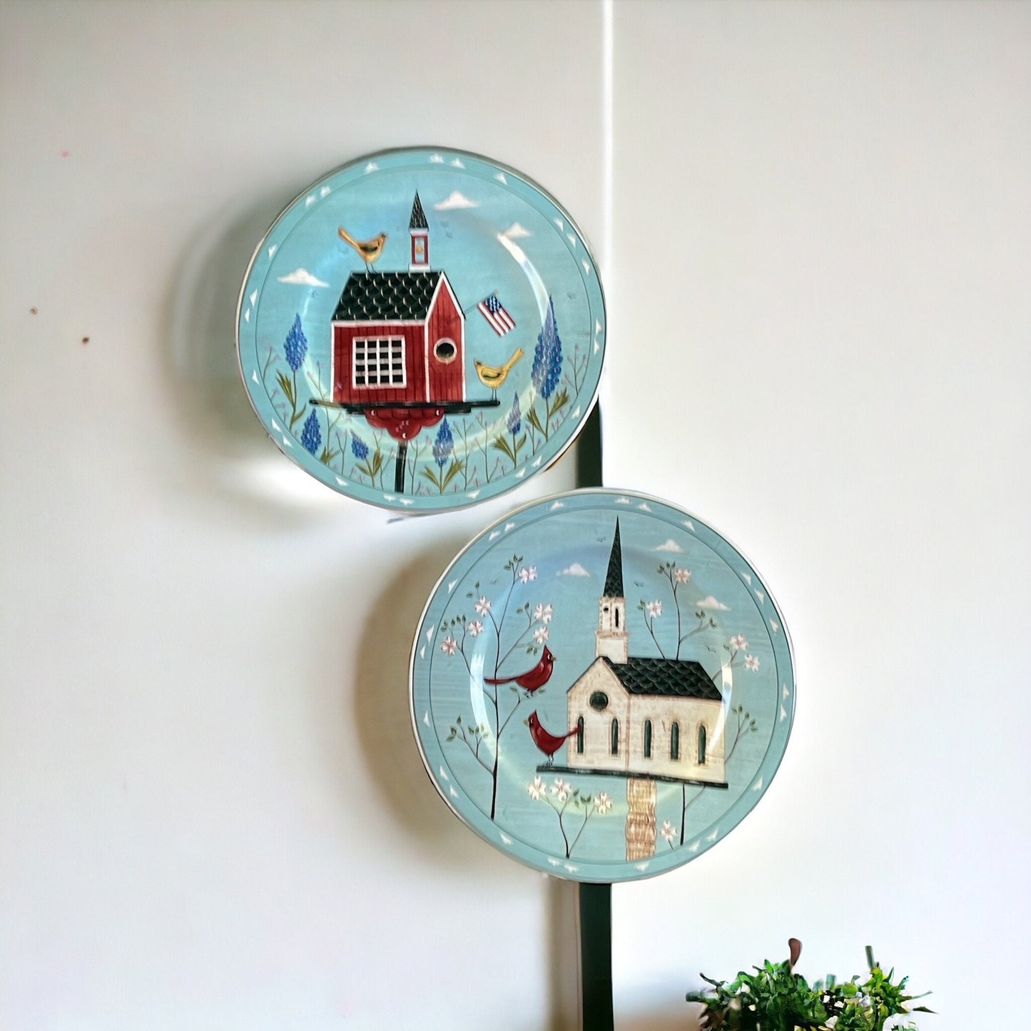 Pair of charming Warren Kimble Birdhouse Salad/dessert Plates - 8" each