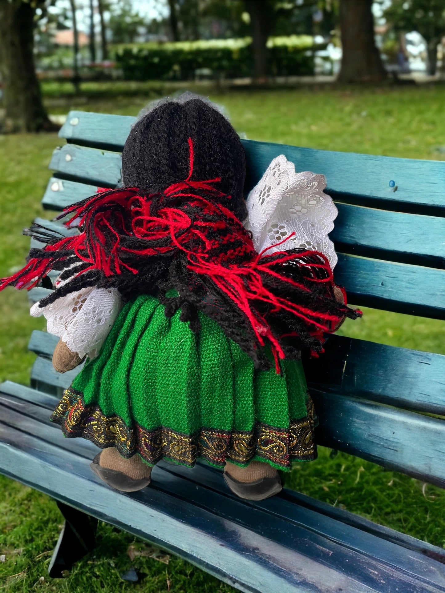 Stunning vintage Mexican? girl doll with braids, sandals and traditional clothing