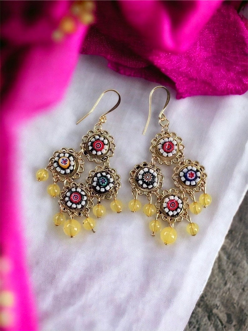 Handmade Italian millefiori mosaic dangle earrings with beads