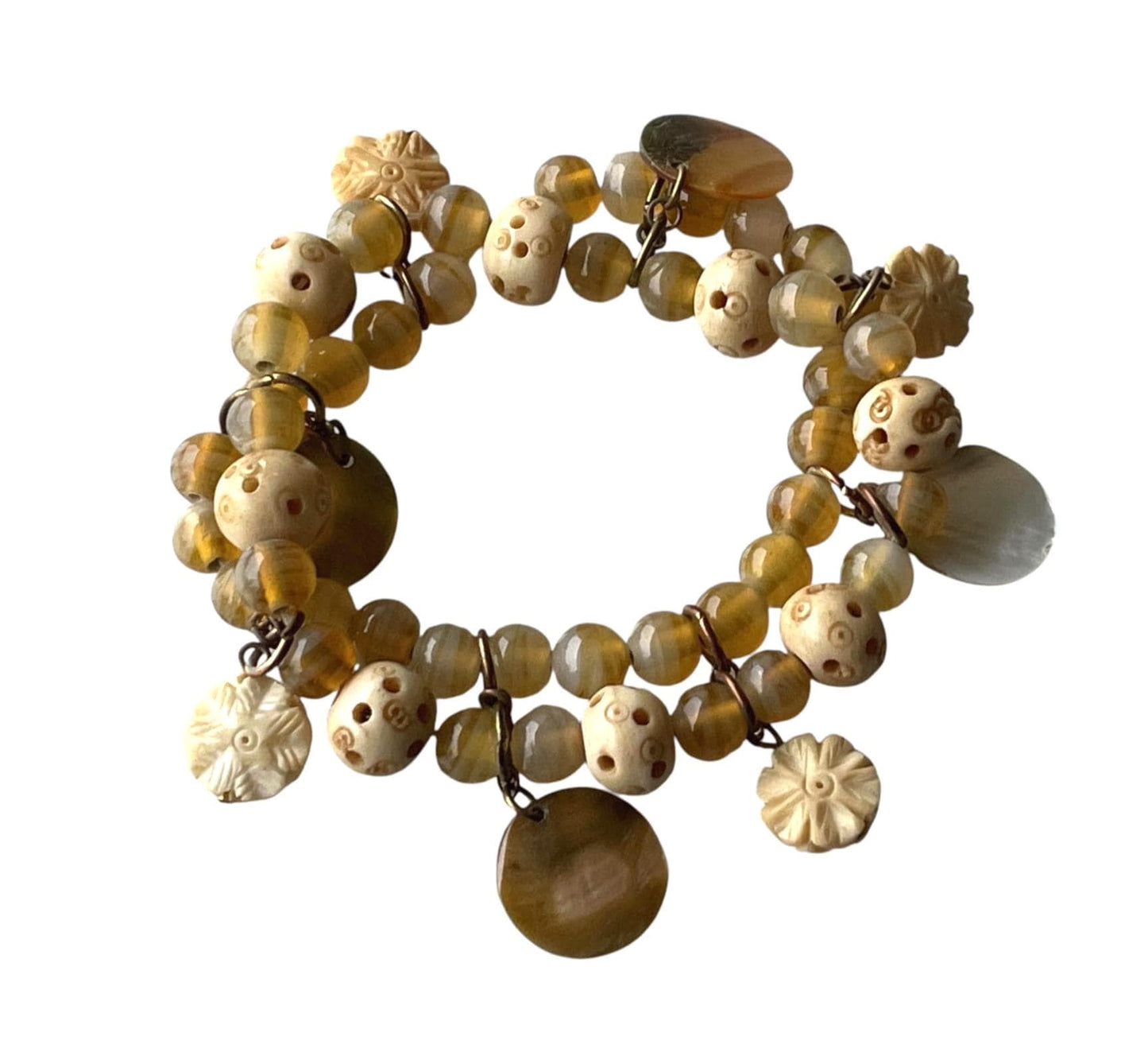 Vintage Beaded Charm Bracelet • Honey Amber Glass Beads • Carved Bone Beads • Mother of Pearl Charms • Boho Artisan Bracelet