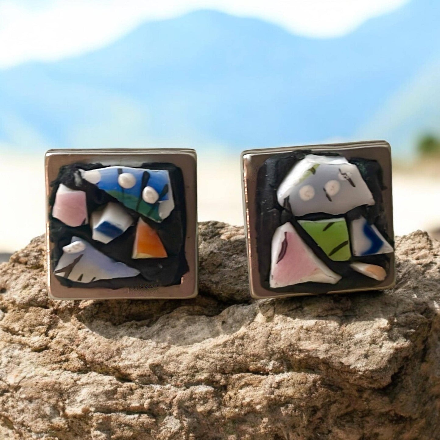 Mosaic tile abstract square stud earrings - 1/2"