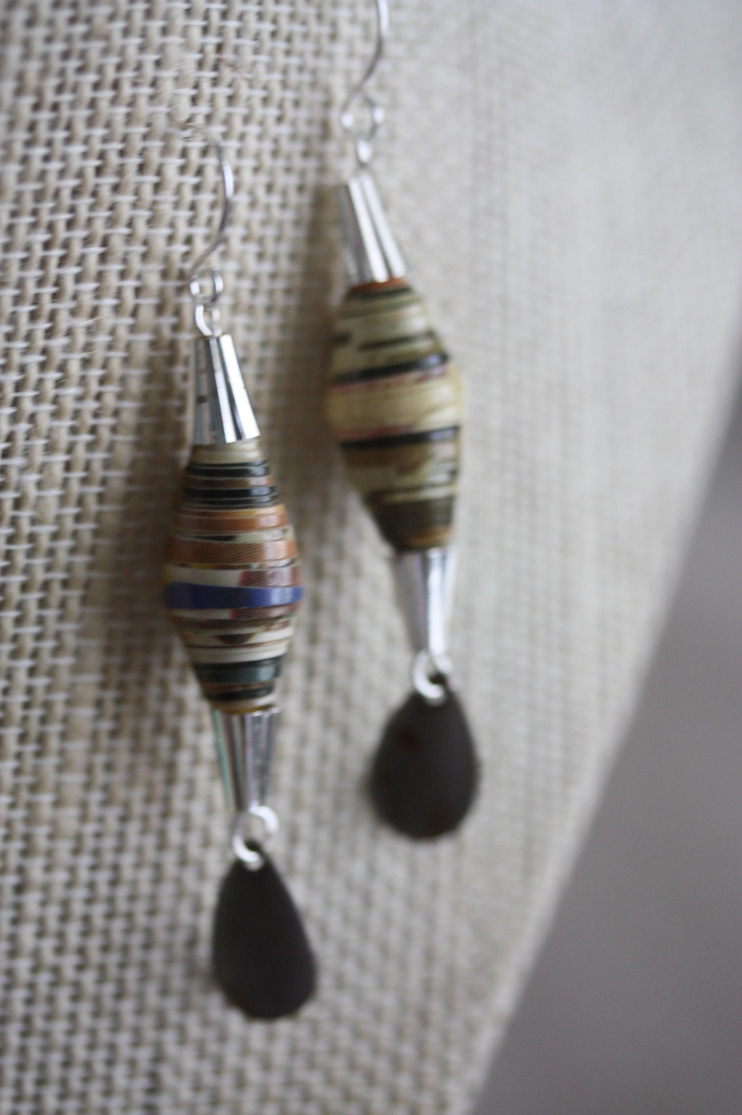 Oval rolled paper with cone metal caps and teardrop dangles - handmade earrings - 2" long