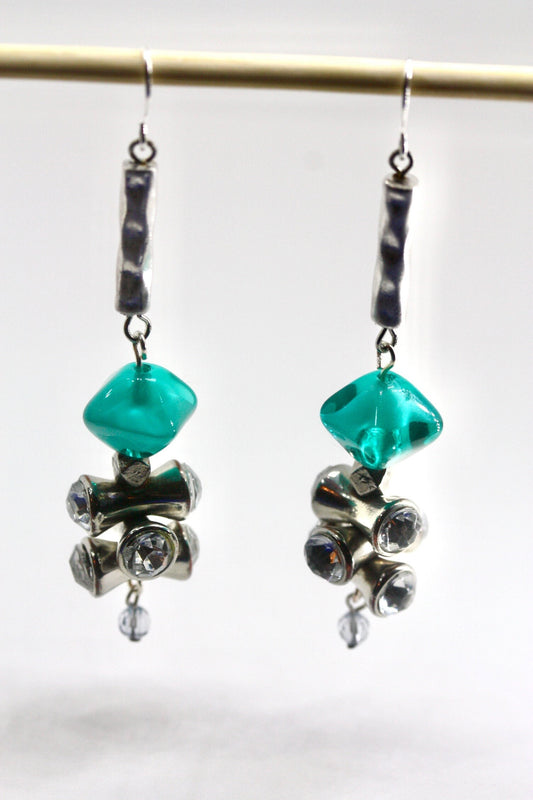 Handmade dangle earrings - sterling silver ear wires, turquoise glass, rhinestone vintage beads, crystal drops, hammered silvertone bars