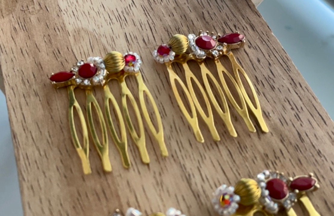 Pair of handmade beadwork and rhinestone mini metal hair combs