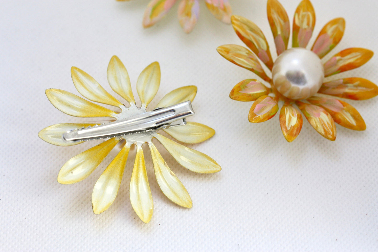 Handpainted vintage metal enamel daisy 3" flower hair clips with large faux pearl centers - or pin