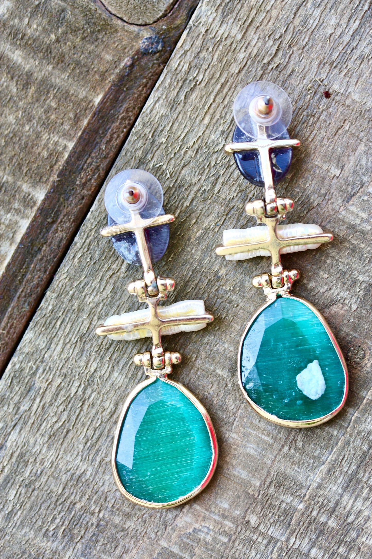 Stunning and unique glass and pearl unsigned vintage earrings - purple amethyst?, turquoise and pearly white