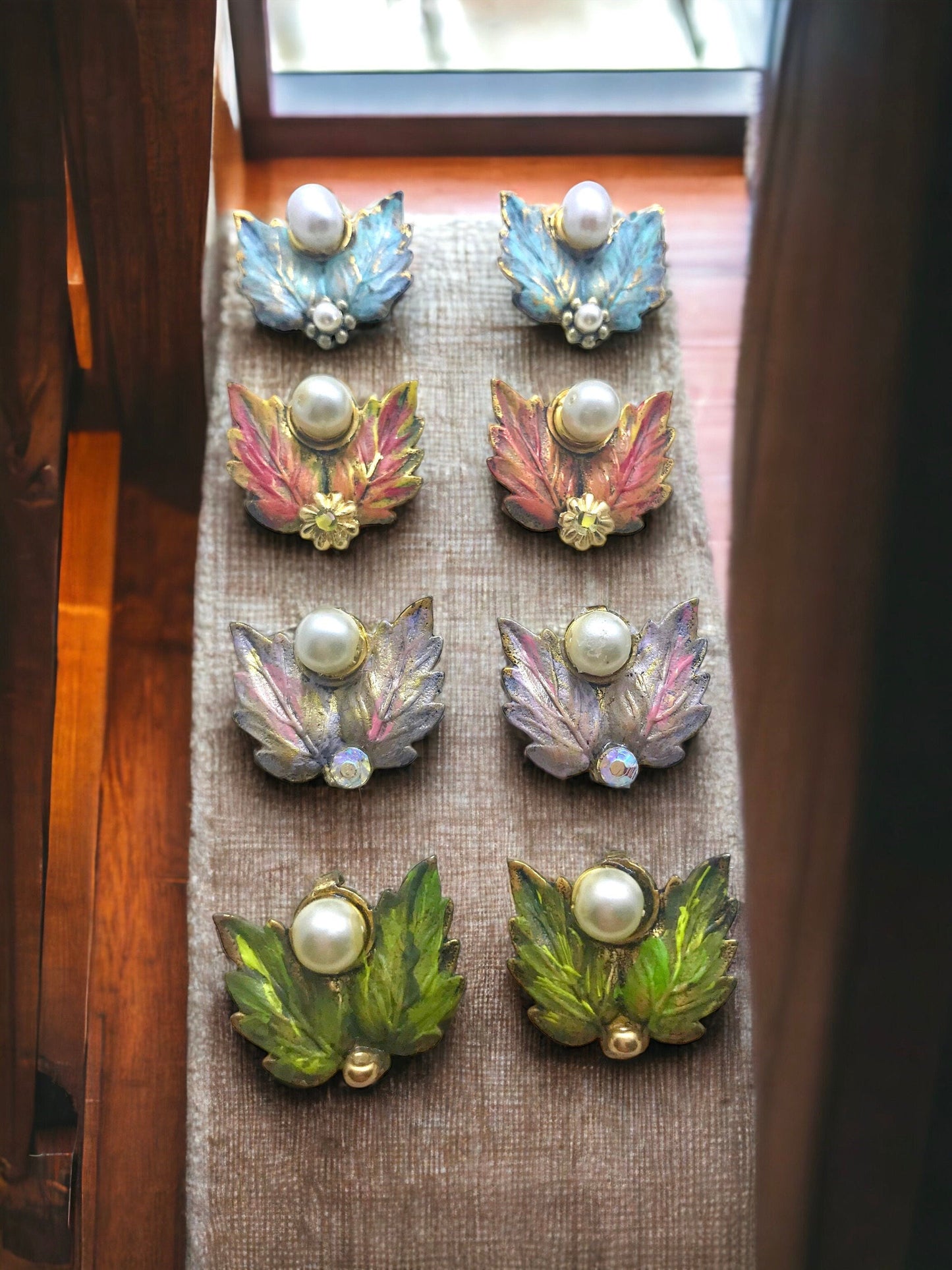 Revised, Modernized, upcycled repurposed - hand painted vintage earrings, trimmed with pearls, faux pearls, Swarovski cyrstals, rhinestones