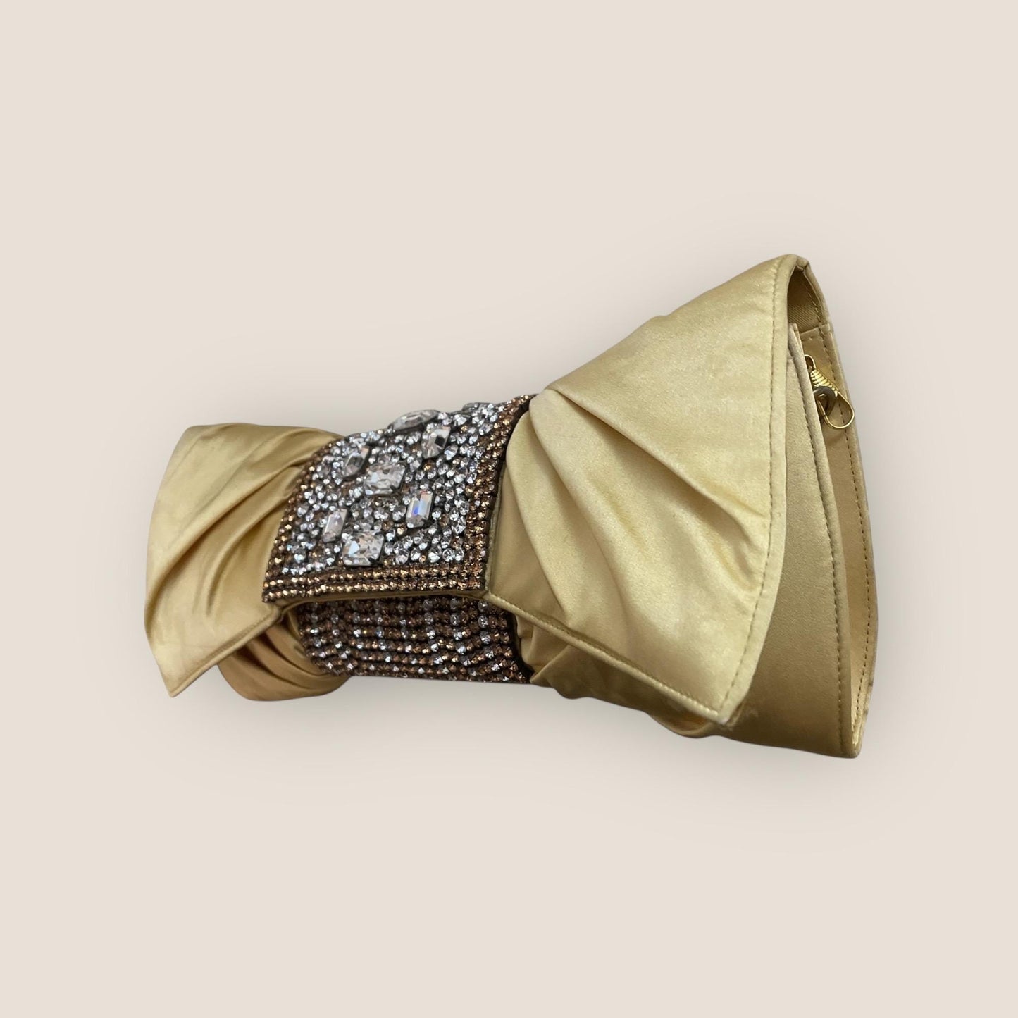 Gold Satin Clutch – Designer Evening Bag with Hand-Set Crystals & Bow Silhouette