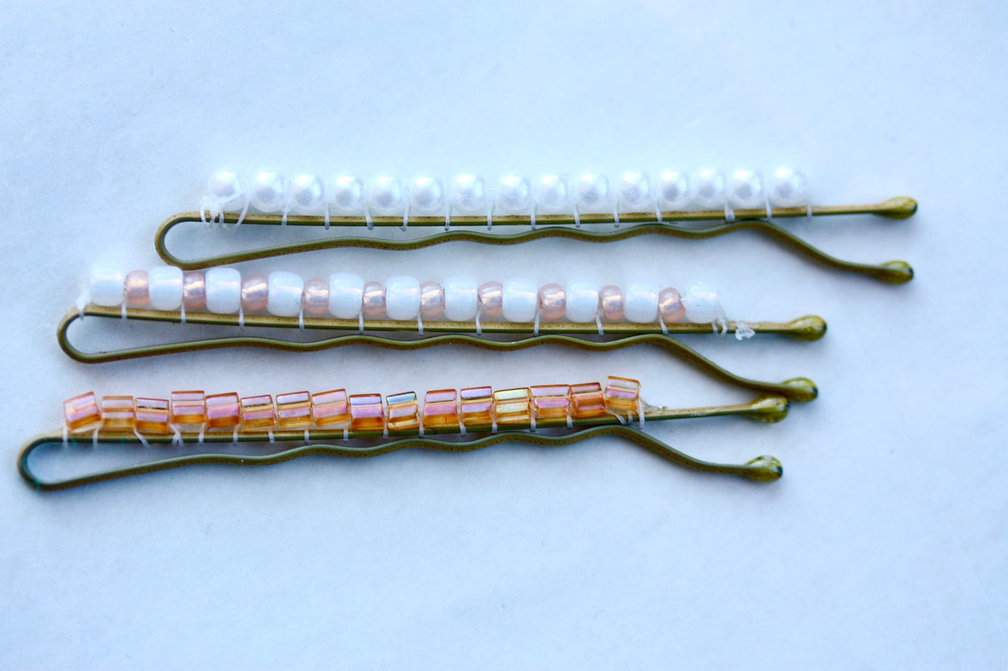 Your choice of hand beaded hair bobby pins - faux baby pearls, iridescent glass, orange vintage glass