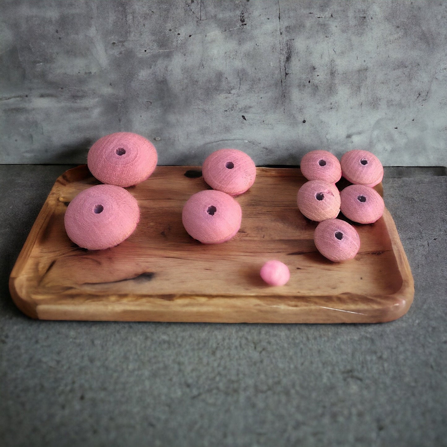 Pink wood saucer-shaped vintage beads - 9 beads total exactly as pictured
