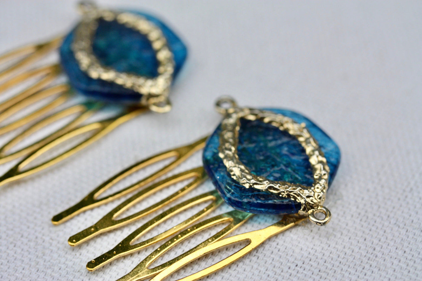 Mid century modern MCM inspired mixed material blue mini metal hair combs - 1" each