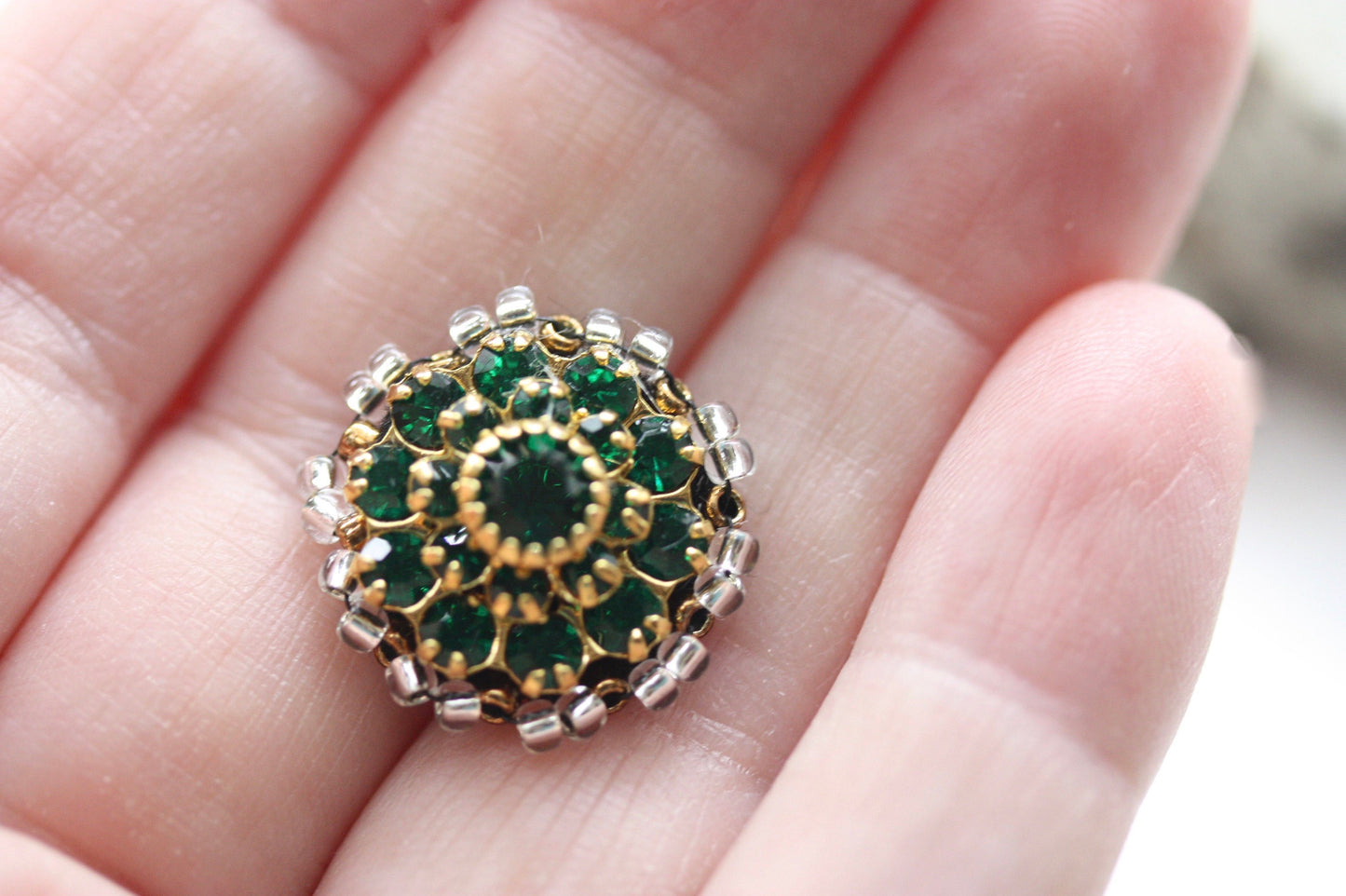 Handmade beadwork and mixed material emerald green and rhinestone tiny necklace pendant