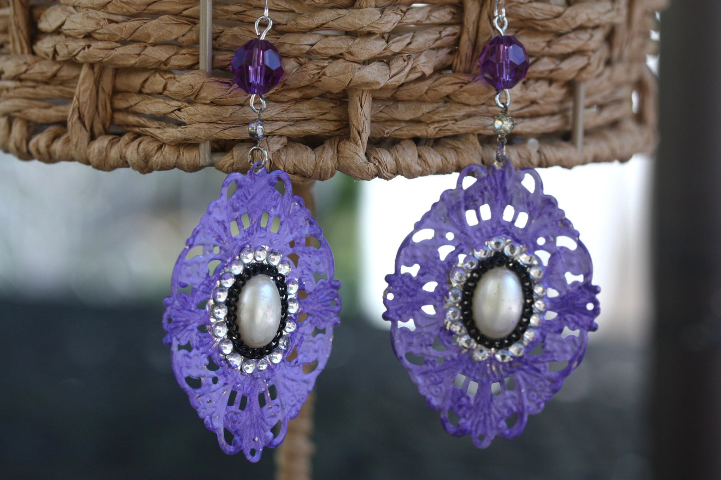 Purple, rhinestone and faux pearl mixed material dangle earrings