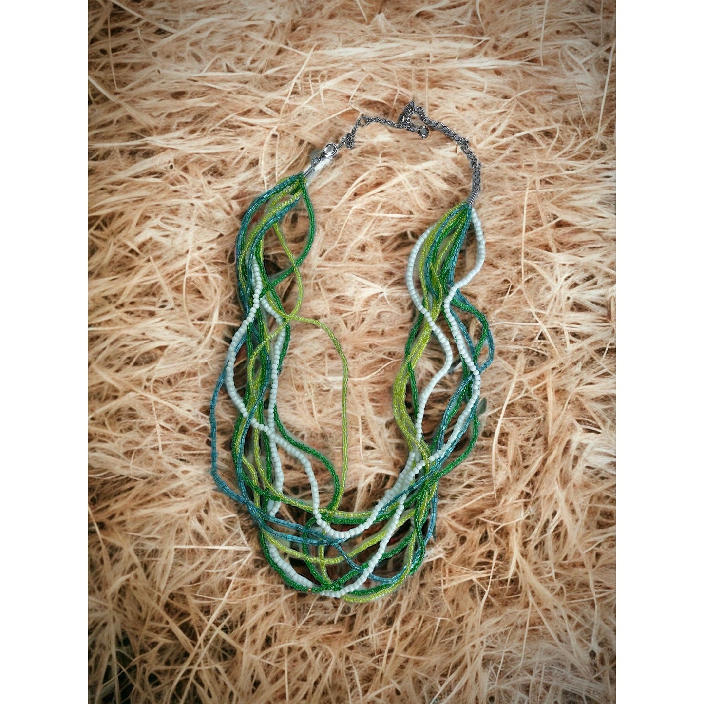 Shades of green, turquoise and white multi stranded vintage beaded necklace