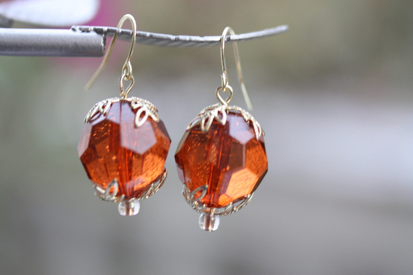 Simple gold faceted crystal dangle earrings with upcycled vintage gold leaf bead caps