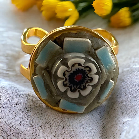 Handmade micro mosaic adjustable ring - hand cut glass millefiori