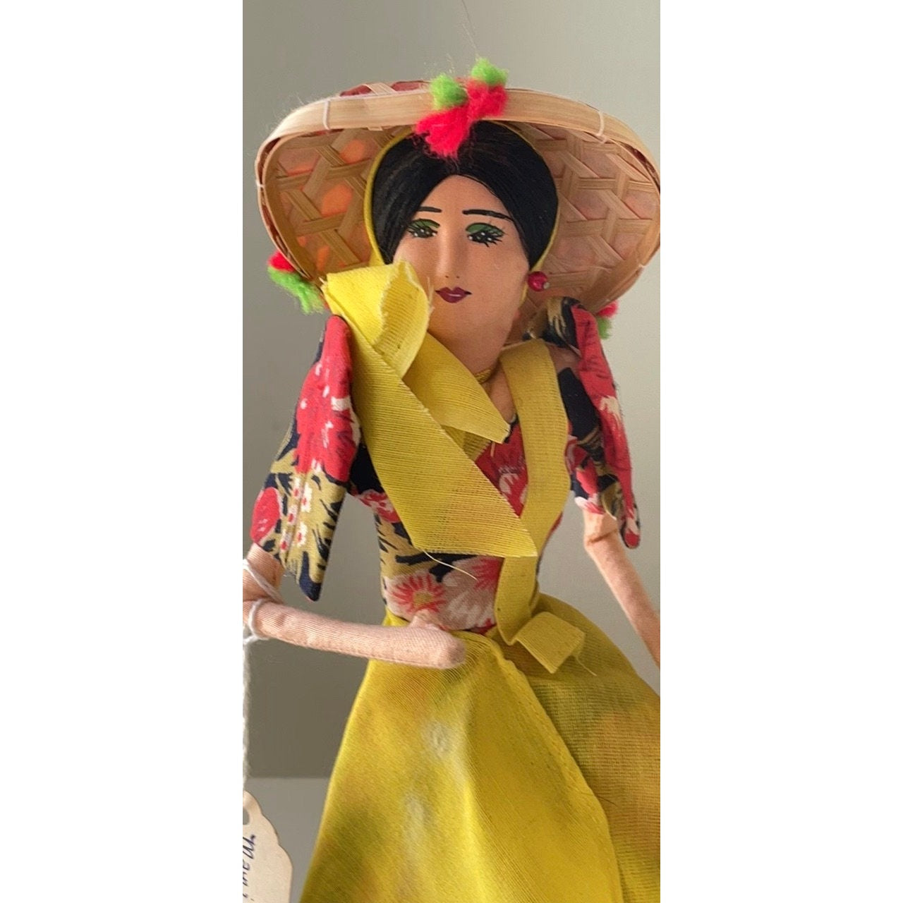 Stunning vintage Manila Philippines Collectible Floral Patadyong National Costume Doll with straw polka dot hat