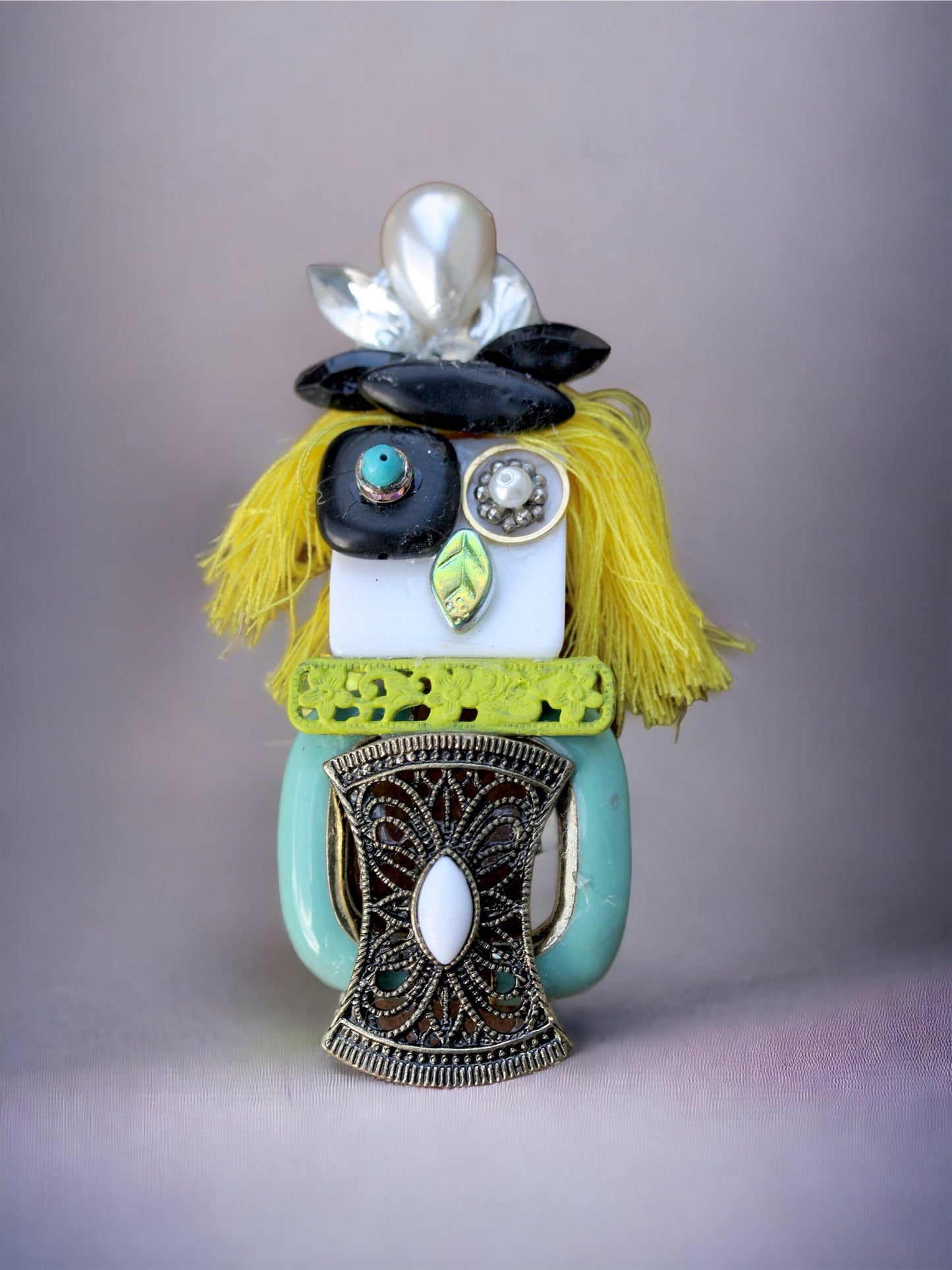 Meet "Abstract Bird Woman" - Assemblage art / mixed media collage - magnet or pin